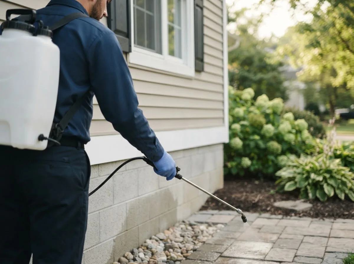 Pest control technician inspecting a home in Sweetwater, OK